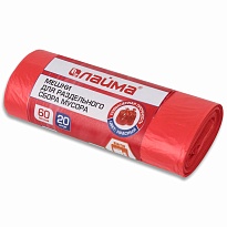 Мешки для мусора 60 л, красный, в рулоне 20 шт., ПНД, 10 мкм, 680х580 мм, LAIMA, 606702 в Россоше