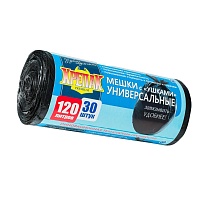 Мешки для мусора 120 л, с ушками, черные, в рулоне 30 шт., ПНД, 15 мкм, 1100х700 мм, Крепак, 4607075710375 в Россоше
